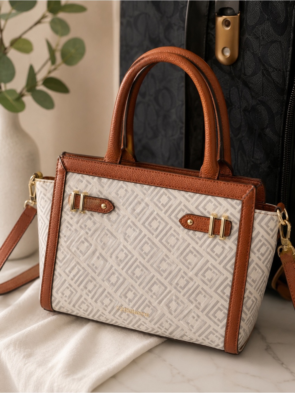 Monogram Cream Satchel with Brown Trim